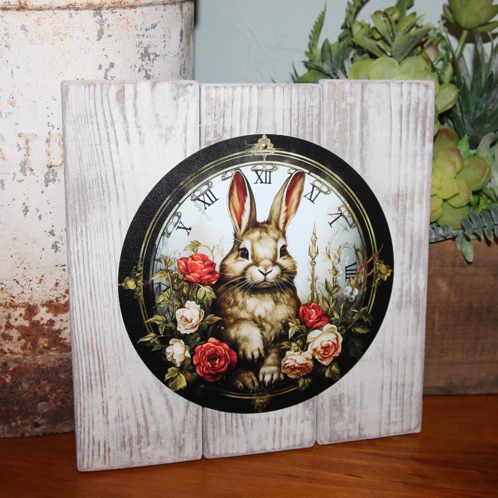 NEW Shabby French Country Farmhouse Bunny Rabbit & Roses Clock Face Wall Decor
